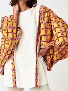 White Free People Boho Top w Yellow & Burgundy Patterned Puff Sleeves